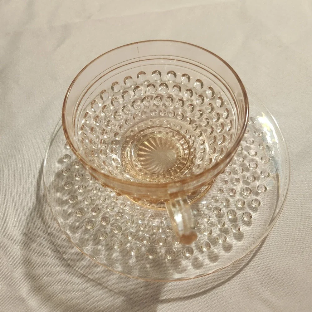 Vintage Pink Depression Glass Hobnail Teacup & Saucer Set of 7 |Party Collection